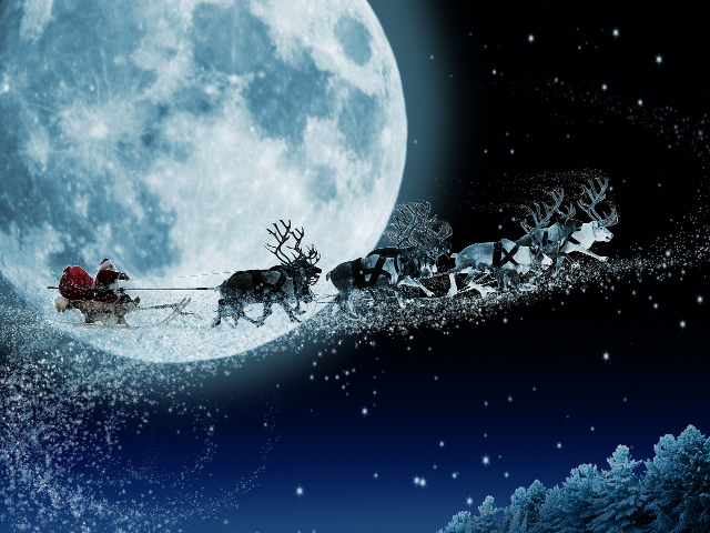 Reindeer pulling Santa and his sleigh through the sky at night with the moon in the background