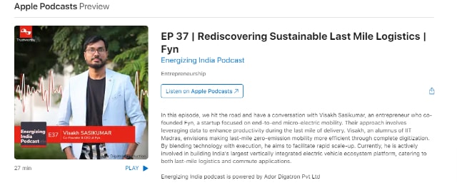 Rediscovering Sustainable Last Mile Logistics | Fyn (Energizing India Podcast)