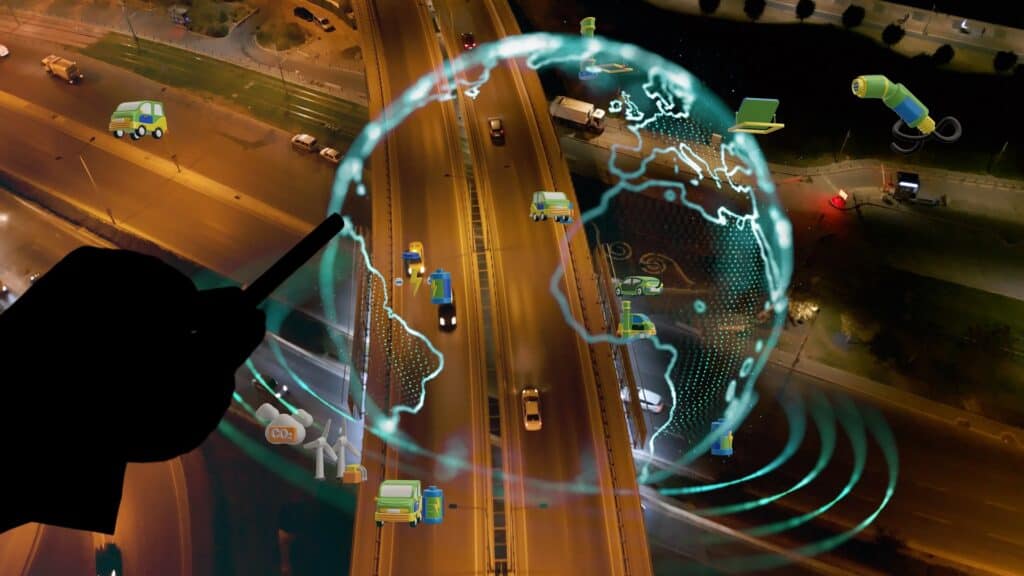 Autonomous last-mile delivery market concept showing a city overlaid by a digital globe representing connectivity