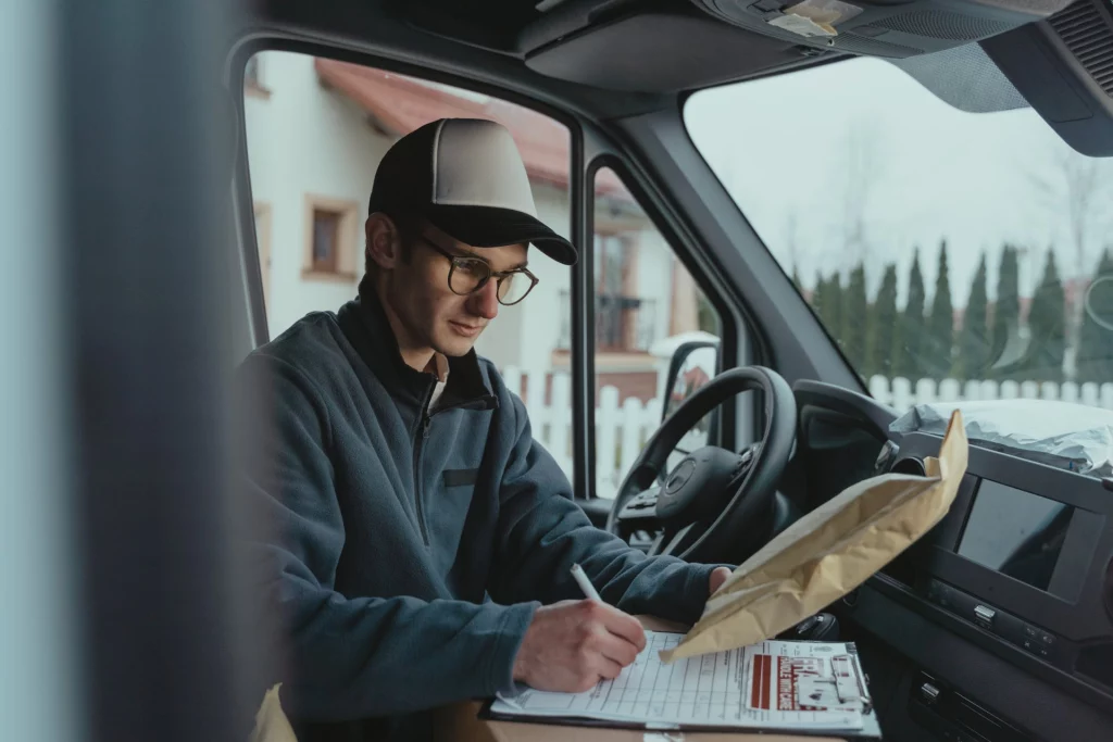 Driver reviewing records and documenting information on a delivery