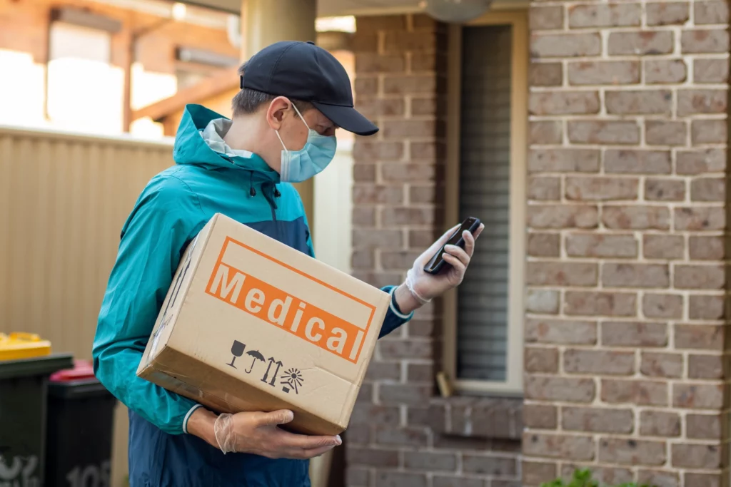 Delivery driver using contactless delivery to deliver medical package to a consumer during the COVID-19 pandemic