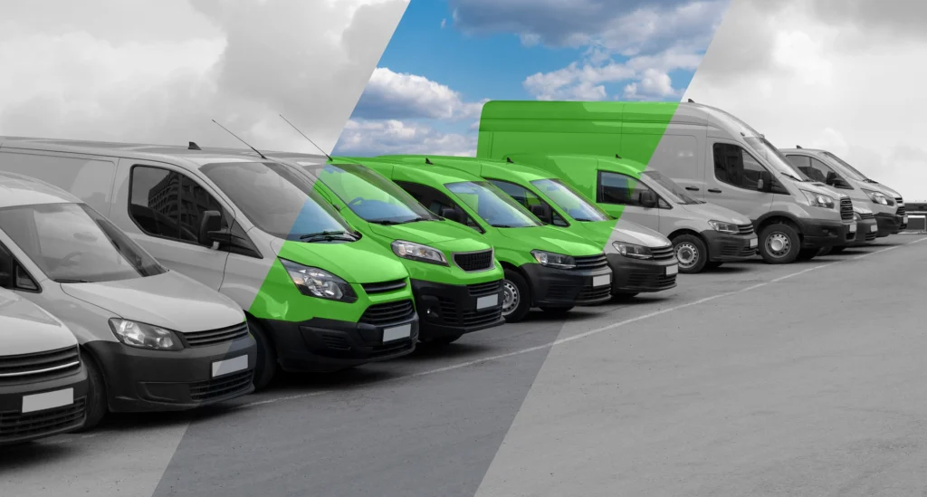 Black and white photo of a row of delivery vehicles, with a colored band representing "green" or sustainable delivery